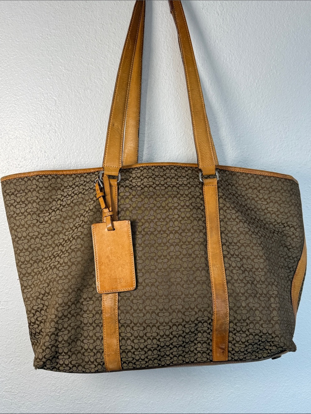 Coach Brown Signature Travel Tote with Tan Leather Accents
